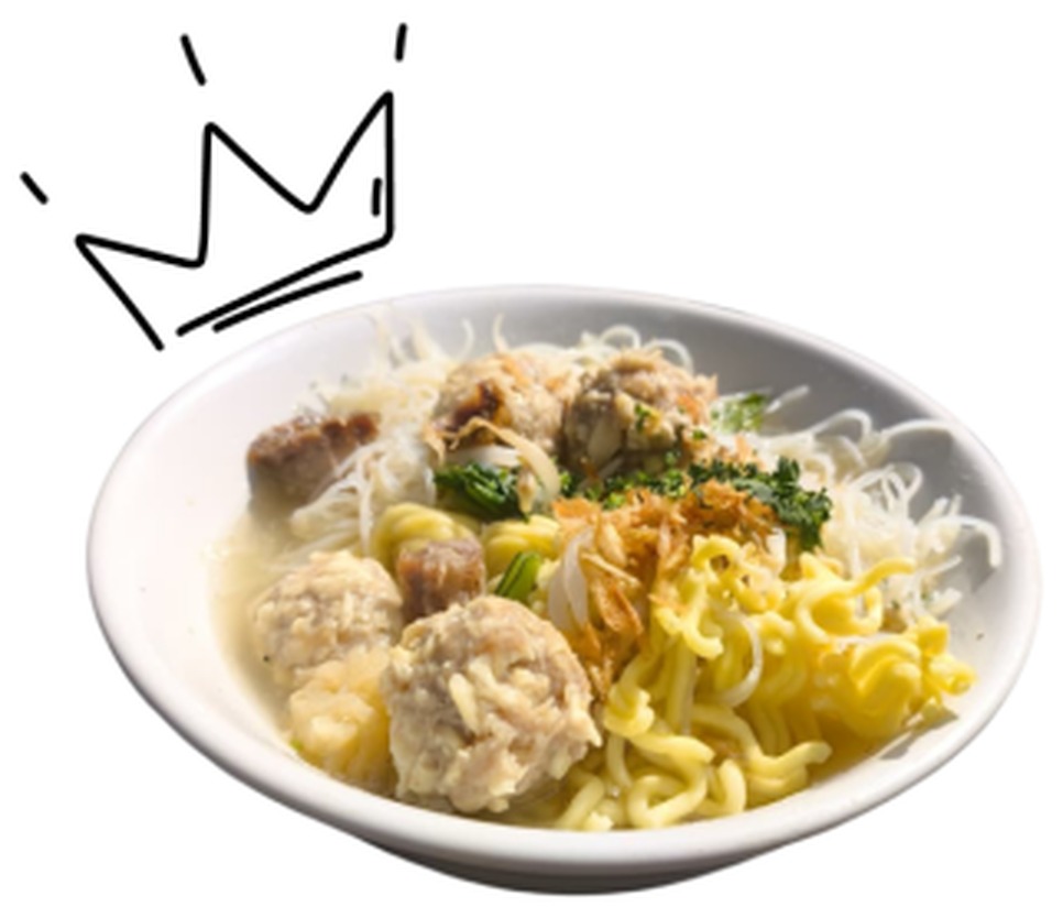 Semangkuk bakso Baso Laswi dengan mie kuning dan taburan bawang goreng, bermahkota